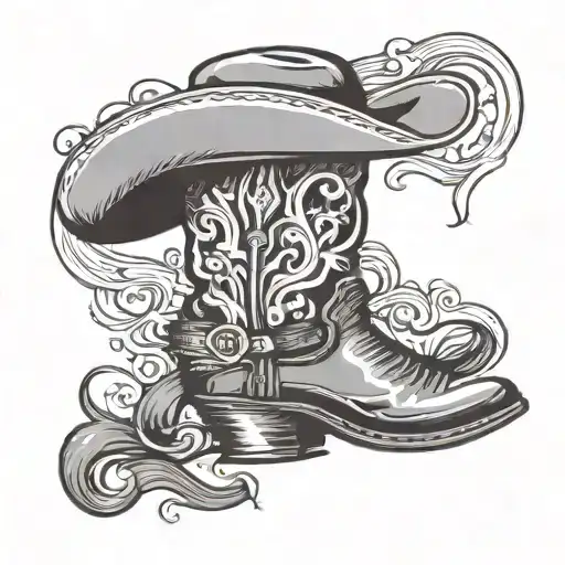 Cowboy Boot With Grey Cowboy Hat Resting On Top Of Boot