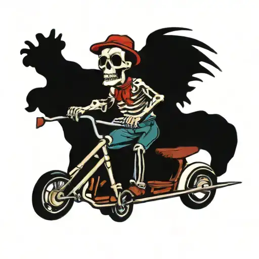 Skelton Riding Pedal Bike With Another On The Pegs Holding A Golf Flag