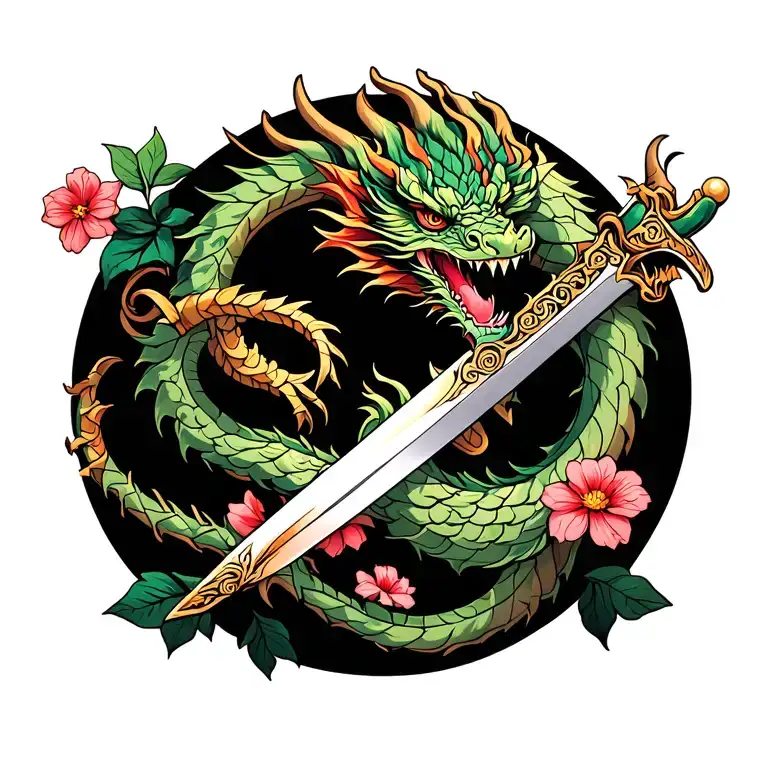 Dragon And Small Flowers And A Sword Intertwined