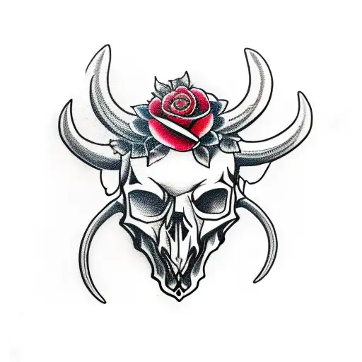 Bull Skull With Roses Wrapped Around Horns
