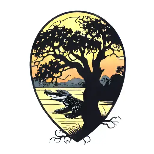 Alligator Under Live Oak Tree With Spanish Moss At Sunset