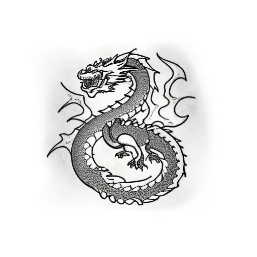 Dragon Around All Arm With Fire And Roses