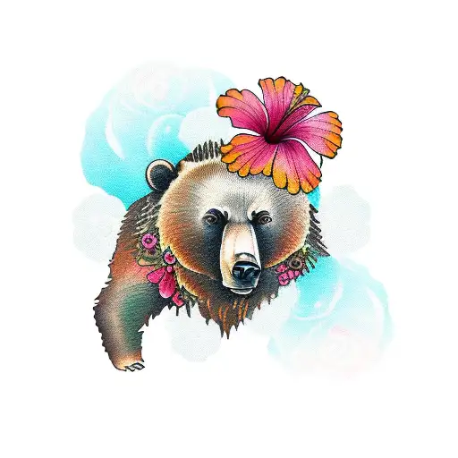Brown Bear With Hibiscus Flowers