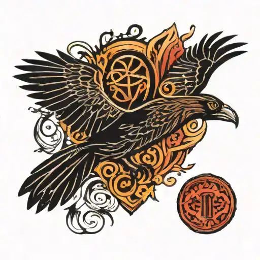 Nordic Runes And Raven Flying