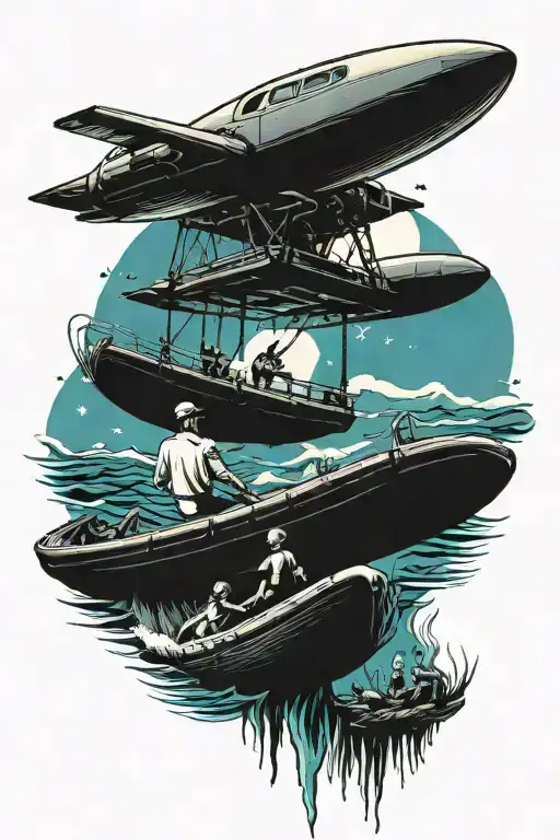 Cyberpunk Ufo Abducting A Person On A Raft In The Ocean