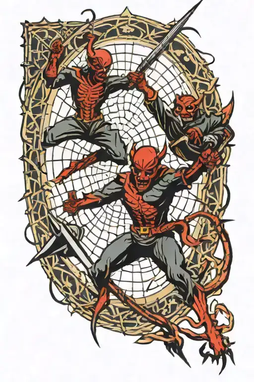 Action Shot Of Devil With Spear And Tarantula Fighting In Spider Web