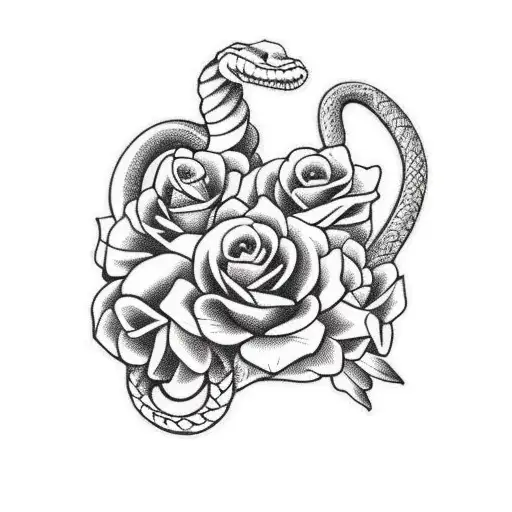 A Traditional-style Snake Intertwined With A Bouquet Of Roses