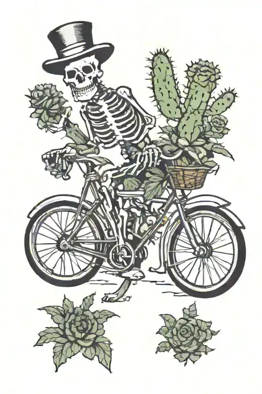Skeleton On Bicycle In Front Of Cactus