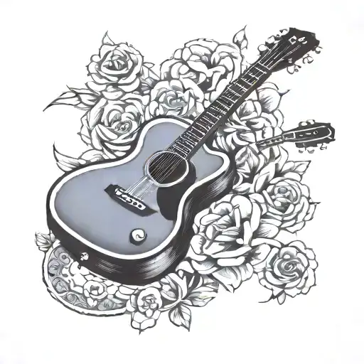 A Bold Traditional Tattoo Of A Guitar With A Subtle Nod To Diabetes Awareness Through Hidden Symbols