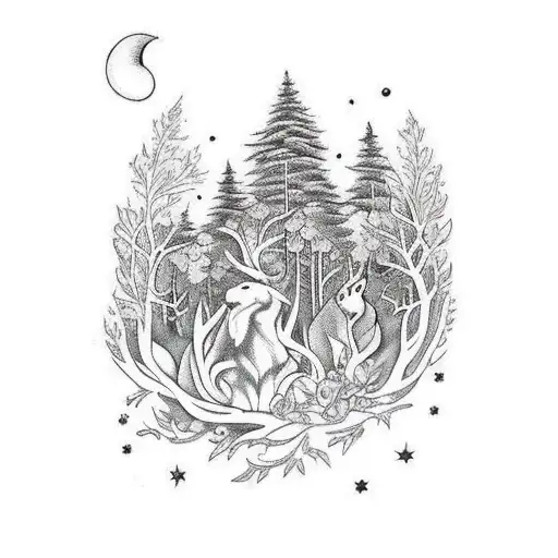 An Enchanting Forest Scene With Animals And Plants In Bold Traditional Style