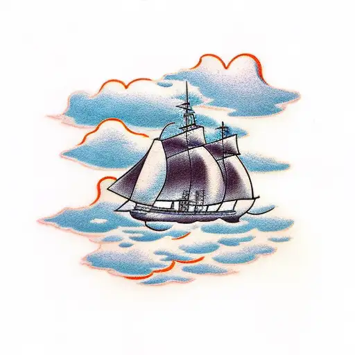 Ship Sailing On Top Of Clouds With Lightning In The Background