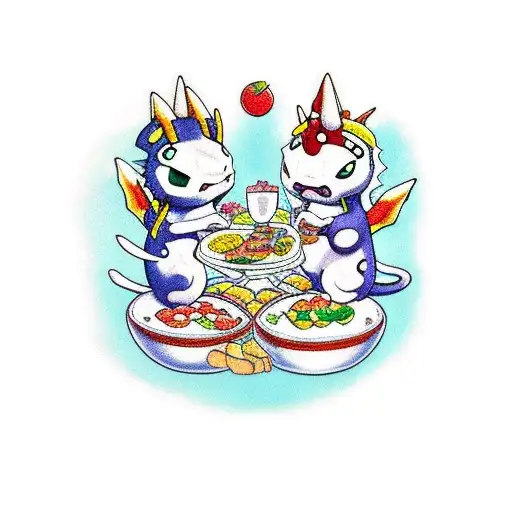 A Traditional Tattoo Of Gatomon And Tailmon Having A Picnic With Food From Different Cultures