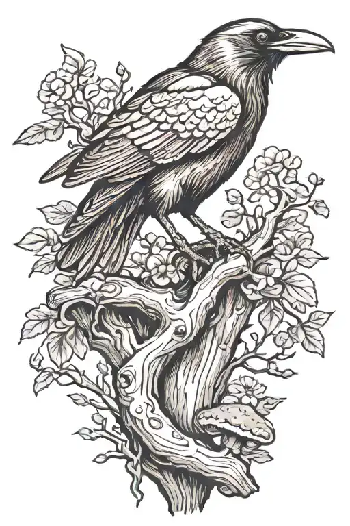 Raven Perched On Dead Wood With Mushrooms