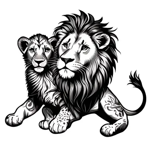 Lion And Cub Playing