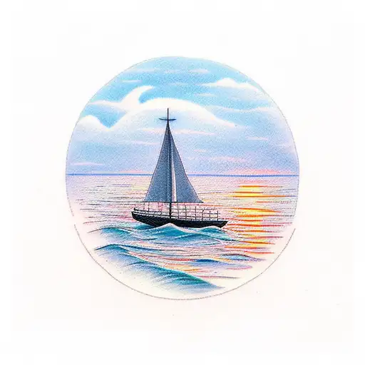 A Serene Seascape With A Solitary Sailboat Sailing Towards A Breathtaking Sunset On The Horizon
