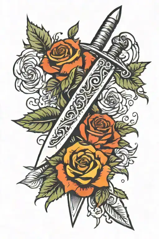 Dagger With Roses Blooming