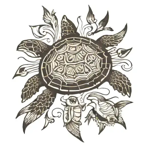 Turtle Surrounded By Swallows