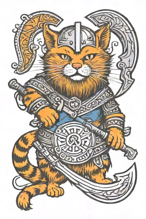 Orange Cat Dressed As A Viking Warrior Holding An Axe