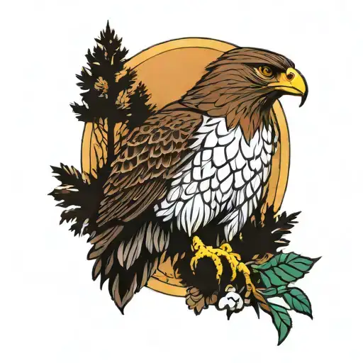 Young Hawk On Branxh Overlooking Mountains Sun Rise Colors