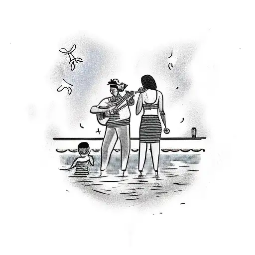 A Poolside Scene With A Musician Playing Guitar While Family Members Relax And Enjoy The Sun