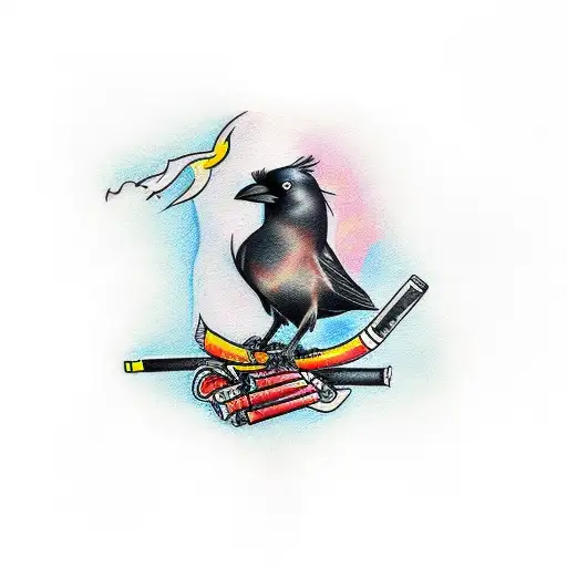 A Sketch-style Tattoo Of A Crow Holding A Cigarette