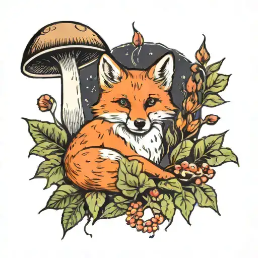 Ginger Fox Surrounded By Leaves And Mushrooms