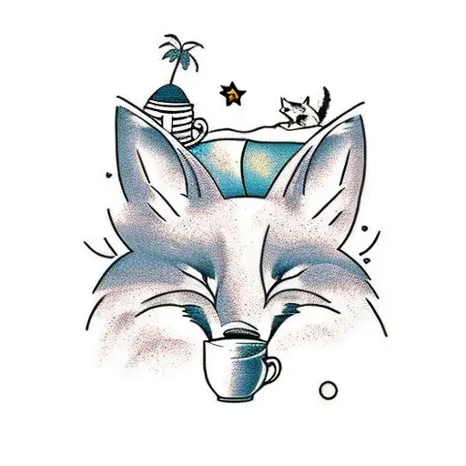 A Poetic Scene Of A Fox Sipping Coffee On A Peaceful Beach At Sunrise