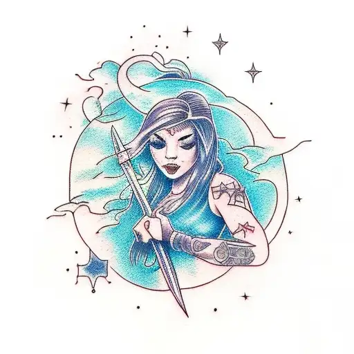 Outline Of A Girl With A Sword In Front Of An Archway Of A Starry Night