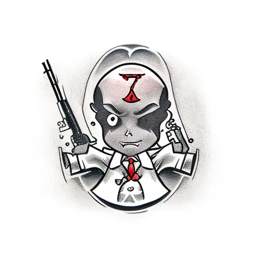 Agent 47 Holding A Baby In His Left Arm And His Silverballer In His Right Hand