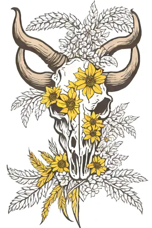 Longhorn Skull With Wheat And Canola Flowers