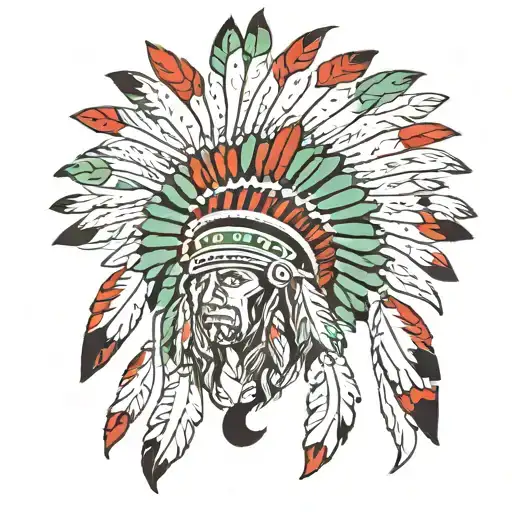 Native American Headdress With Red White And Green Feathers