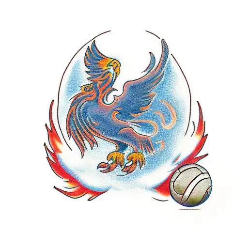 A Traditional Style Tattoo Of A Phoenix Holding A Volleyball Ball In Its Talons
