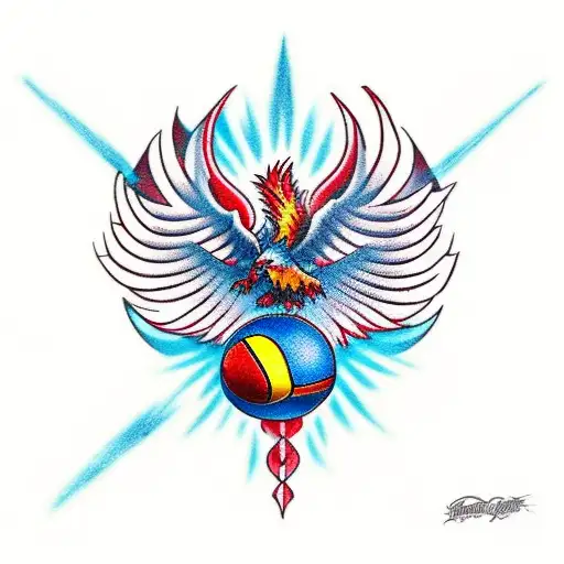 A Traditional Style Tattoo Of A Red Phoenix Holding A Volleyball Ball In Its Talons