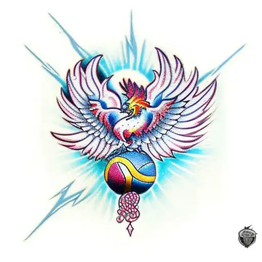 A Traditional Style Tattoo Of A Phoenix Holding A Volleyball Ball In Its Talons