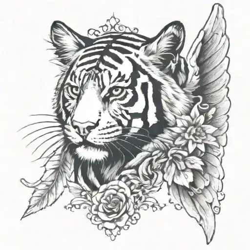 Tigers Head With Angel Wings Behind It An On The Ackground No Flowers