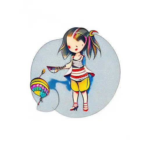 Little Girl With Baloons Hidden Behind Her Back And A Knife In Front