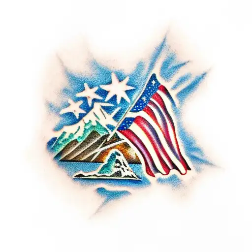 American Flag With Mountains And Beach