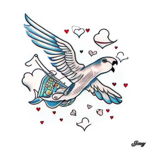 Parachute Falling From The Sky With Love Birds In The Air