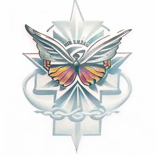 Create A Full Sleave Tatoo With Christian Cross With Olive Leafs And A Butterfly Eagle