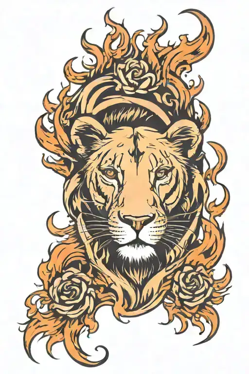 Lioness And Fire Flames
