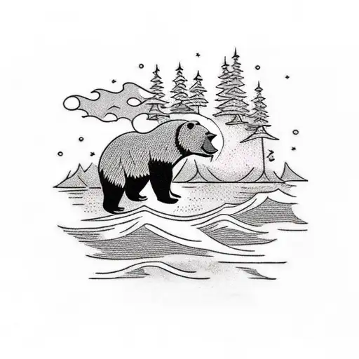 A Traditional Tattoo Of A Bear Catching A Fish In A River Surrounded By Trees And A Waterfall