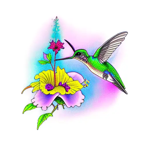 Hummingbird Feeding On A Hibiscus Flower In Purple And Blue