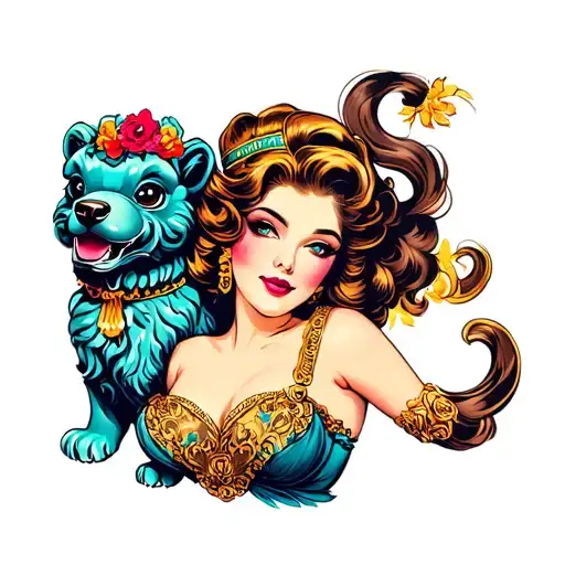 Pin Up Girl With Foo Dog