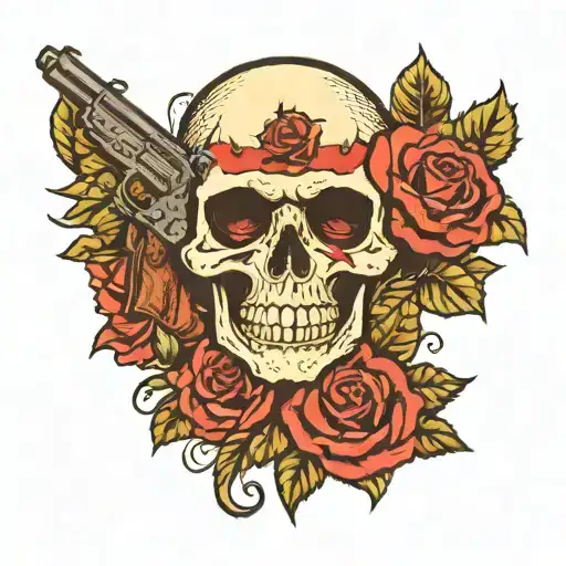 Skull With Rose And Gun Inside The Eye Holes