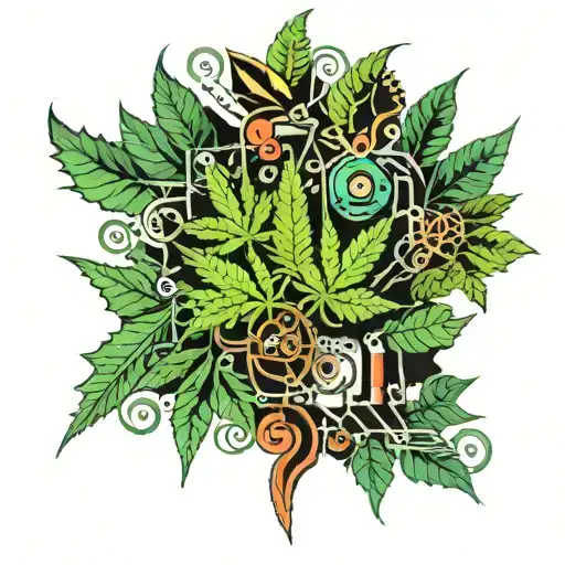 An Abstract Representation Of Cannabis Leaves Intertwined With Circuit Board Patterns
