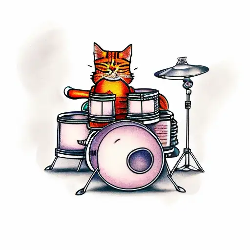 Ginger Cat Sitting At A Drum Kit