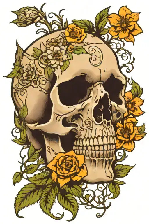 Skull In Weeds With Cherokee Rose Intertwined