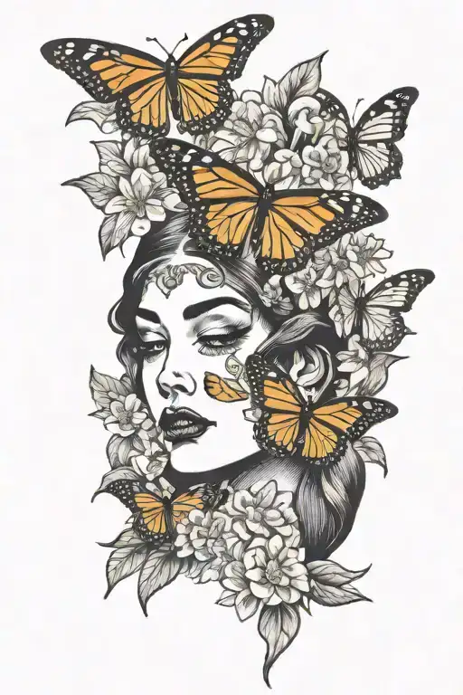 Monarch Butterfly On Flowers Covering Eyes Of Female Face