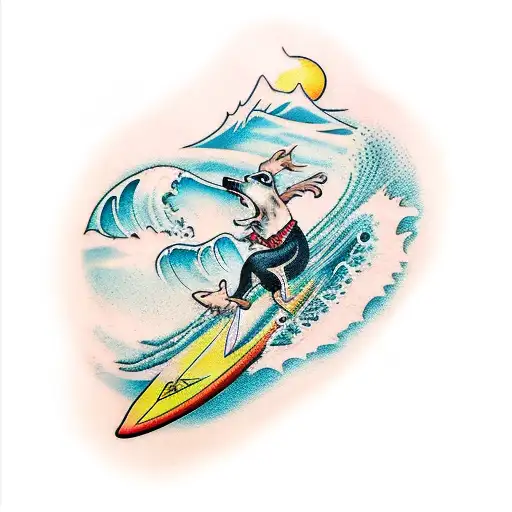 A Dog Surfing On A Giant Wave With A Rock Music Theme