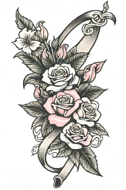 Breast Cancer Ribbon With Lilys And Roses Intertwined
